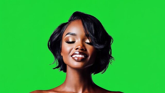 Serene Beauty: Close-up portrait of a young Black woman with a radiant smile and a stylish short bob haircut against a vibrant green background. Her eyes are gently closed.