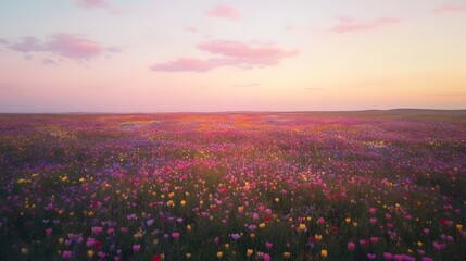 Vibrant sunset over lush landscape, expansive view showcasing colorful sky blending hues, ideal for nature themes and relaxation.