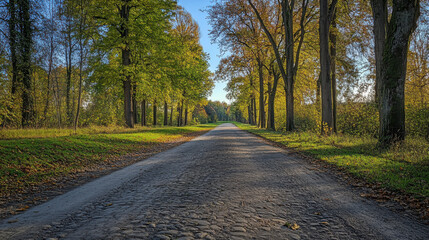 Obraz premium Tree-lined park road with green foliage and soft sunlight peaceful nature pathway scenic autumn park landscape travel photography