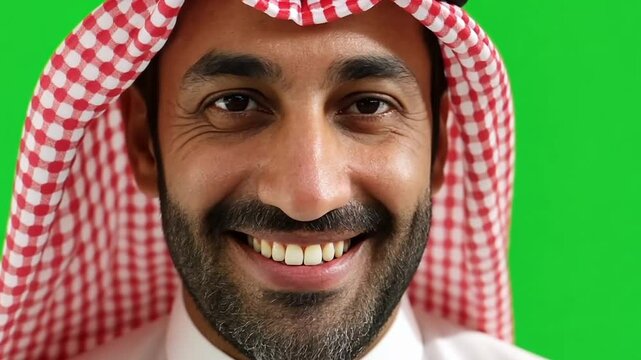 Smiling Arab Man: Close-up portrait of a happy Middle Eastern man with a cheerful smile, wearing traditional keffiyeh headgear against a vibrant green screen.
