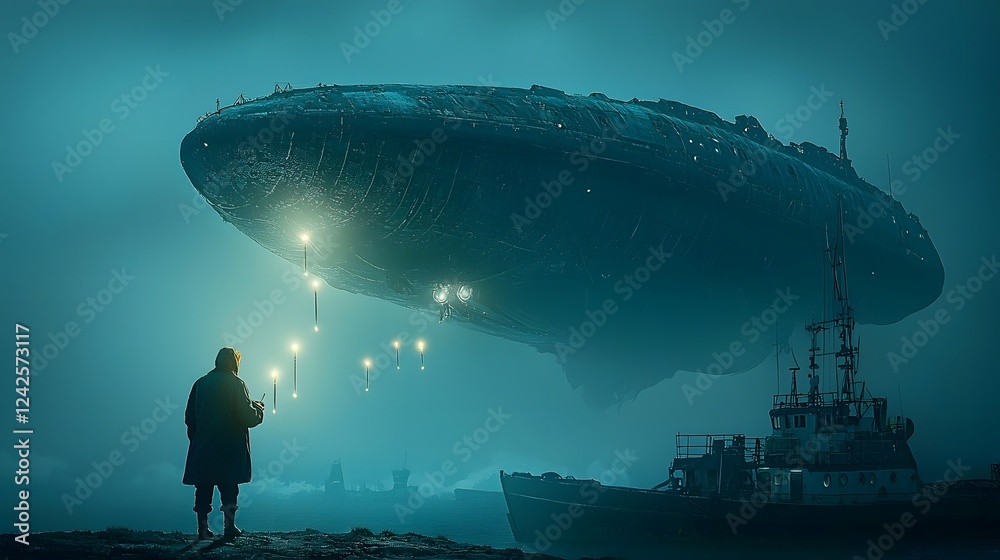 Aufkleber glowing alien probes descending from a mysterious ufo over a remote solitary island in the middle of