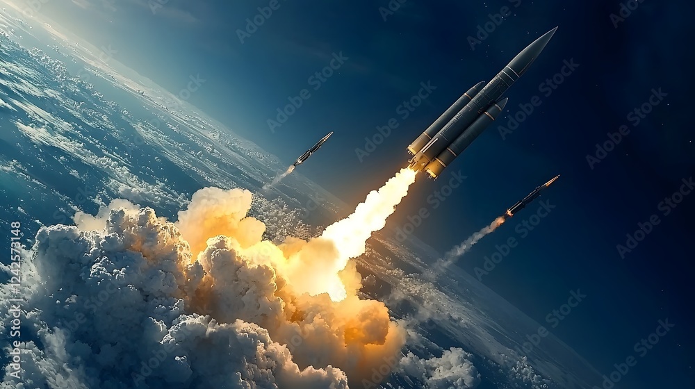 Poster futuristic warship launching missiles and rockets to defend earth against an approaching alien fleet