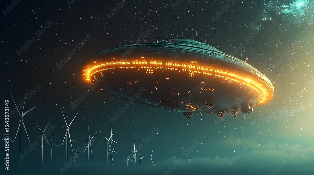 Poster glowing disc shaped unidentified flying object ufo accelerating rapidly past a row of wind turbines 
