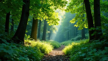 Obraz premium Dense foliage obstructs sunlight in a shaded clearing, undergrowth, overgrowth, dappled light