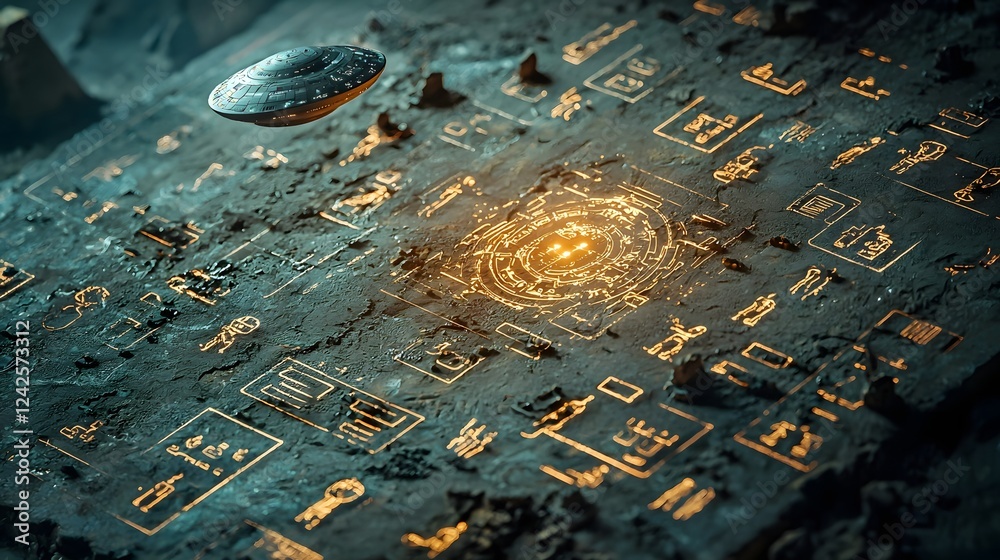 Poster Illuminating Ancient Ruins Mysterious Symbols Revealed by Hovering Otherworldly Craft   A surreal and enigmatic scene of an ancient archaeological site with a glowing UFO casting its ethereal light