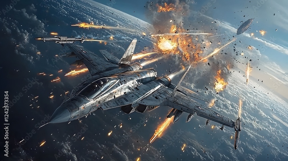 Poster intense aerial battle between human fighter jets and alien spacecraft unfolding in the skies above e