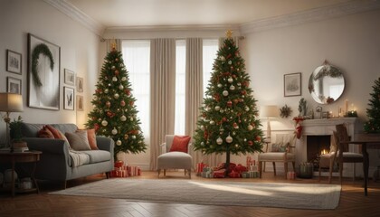 Tall Christmas tree in a living room with ornaments, warm lighting, cozy space, holiday interior