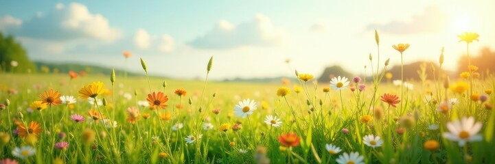 Obraz premium Tall grasses and wildflowers swaying in gentle breeze, meadow, wind-blown