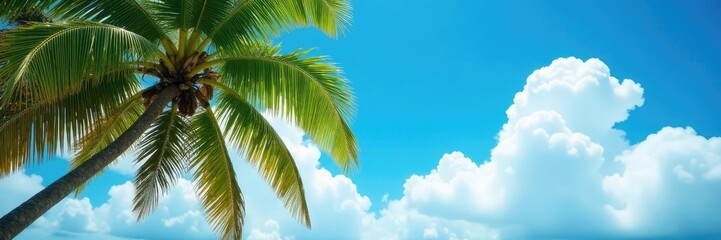 Coconut tree leaves rustle softly in the breeze as fluffy white clouds drift across the bright blue sky, branches, relaxation