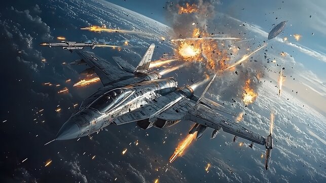 Intense aerial battle between human fighter jets and alien spacecraft unfolding in the skies above Earth s atmosphere with explosions missiles and high speed maneuvers