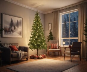 tall spruce Christmas tree in living room with twinkling lights, warm lighting, spruce tree centerpieces