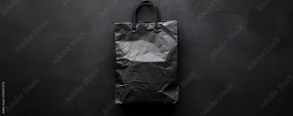 Poster flat black paper bag crumpled on a black background with space for text