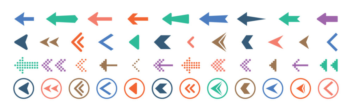 Colorful arrows set . Arrow cursor vector icon. Bullet points arrow collection. Blue, orange, green, yellow colors. Vector design element. Vector illustration. 