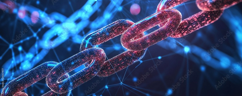Aufkleber Blockchain technology concept showing a digital chain connecting on a network background with glowing nodes