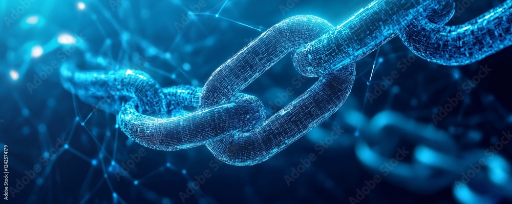 Fototapete Glowing blue abstract chain links represent blockchain technology and secure digital transactions