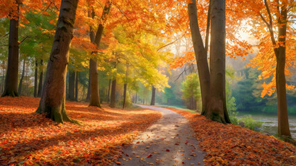 Winding autumn pathway with vibrant fall foliage in a scenic outdoor setting