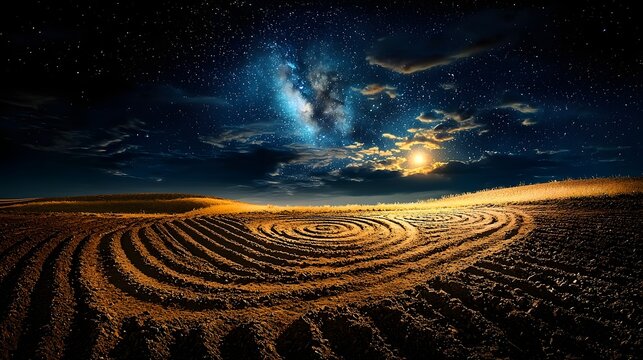 Mystical abandoned field with strange glowing crop circles and swirling lights in the dramatic starry night sky  Mysterious and enigmatic celestial patterns over the rural landscape