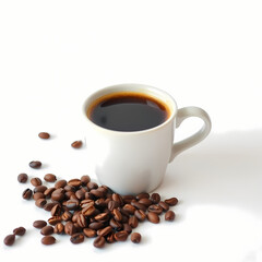 Fototapeta premium Aromatic dark coffee in white cup with roasted beans hot mug food life on transparent background