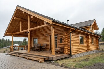 Obraz premium Wooden log cabin with a rustic exterior and a warm wooden interior, rustic charm, rural living
