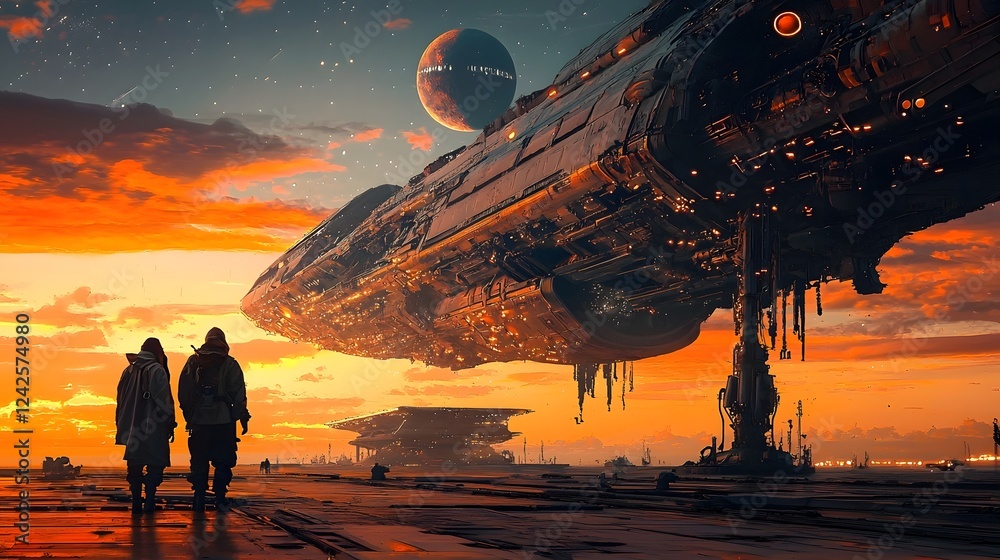 Poster silhouetted figures of survivors from a spacecraft crash encounter an advanced alien civilization on