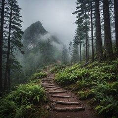 Misty Mountain Trail &ndash; A winding trail through a dense forest, leading up to a towering mountain covered in mist.