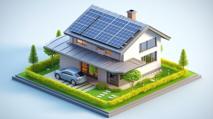 3d isometric eco-friendly house with solar panels, electric car charging station, and lush landscaping promoting sustainable living