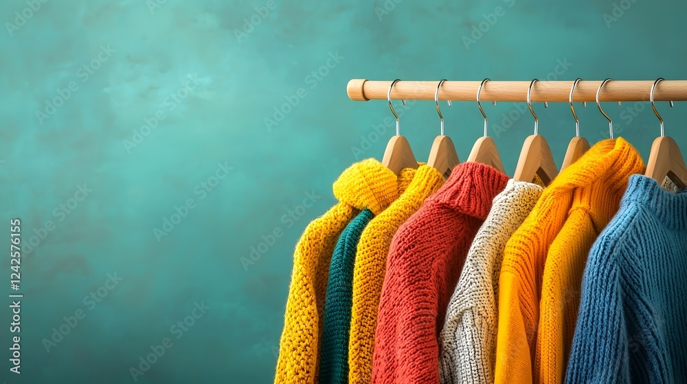 Poster soft focus image showcasing a minimalist clothing rack displaying a vibrant collection of colorful f