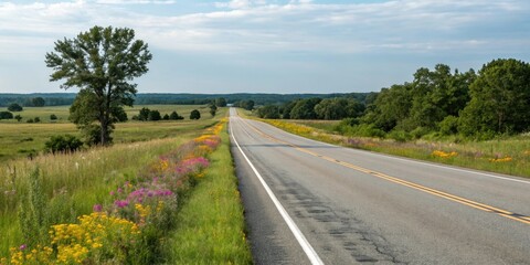 Fototapeta premium Wide open road with asphalt surface stretching into the horizon, surrounded by lush greenery and vibrant wildflowers, outdoors, empty, scenery