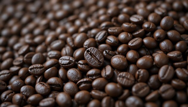 Close-up view of roasted dark brown coffee beans, rich aroma, high-quality coffee beans texture, perfect for caffeine lovers, fresh coffee beans background
