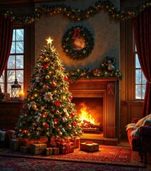 Fototapeta premium Traditional Christmas tree in front of the fireplace, wooden mantel, holly leaves, twinkling lights