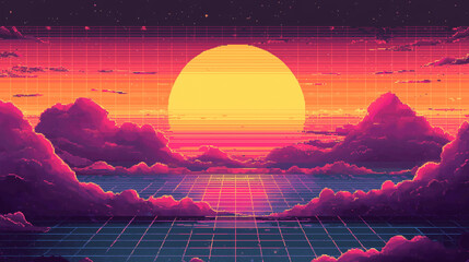  8-bit pixel art, cyber nostalgia, sun set over the sea, retro pop neon colors,  pixel art of retro sunset, synthwave, pixel art background