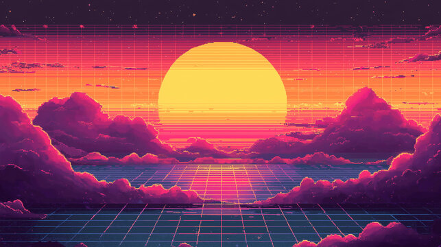  8-bit pixel art, cyber nostalgia, sun set over the sea, retro pop neon colors,  pixel art of retro sunset, synthwave, pixel art background - Powered by Adobe