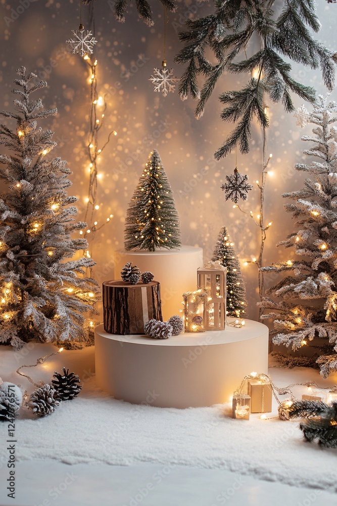 Poster snowy christmas trees with glowing fairy lights are creating a festive atmosphere