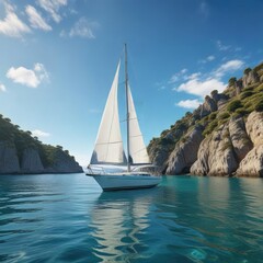 Fototapeta premium White sailboat anchored in Aspronisi bay with a clear blue sky above, yachting, aspronisi, white sailboat