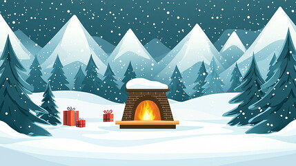Cozy fireplace surrounded by snow-covered mountains and evergreen trees with Christmas gifts in a serene winter landscape filled with falling snowflakes.