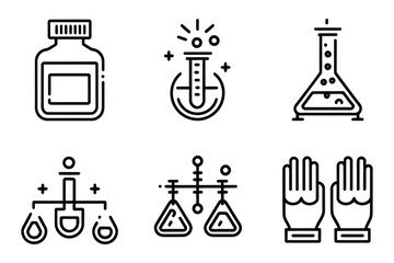 Science and Laboratory Black Line Icons – Chemistry, Physics, and Safety Equipment Vector Set