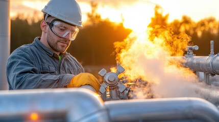 Geothermal Energy Concept. A worker in safety gear operates machinery with steam rising, set against a sunset backdrop, emphasizing industrial activity and safety.