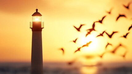 Lighthouse Silhouette at Sunset with Birds