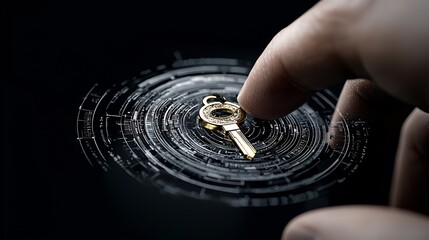 Finger touches key on digital interface; unlocking data; dark background; cybersecurity concept