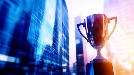 Modern trophy gleaming in sunlight against a backdrop of skyscrapers, symbolizing achievement