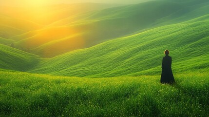 Woman in black overlooking sunrise in green rolling hills