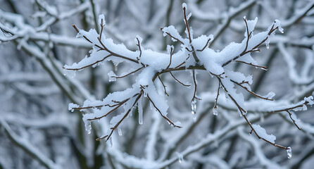 Snow-covered tree branches background. Delicate icy patterns on dark twigs, winter serenity