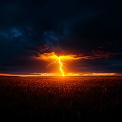Lightning Strike over Golden Wheat Field at Sunset