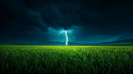 Lightning Strike Over Green Field at Night