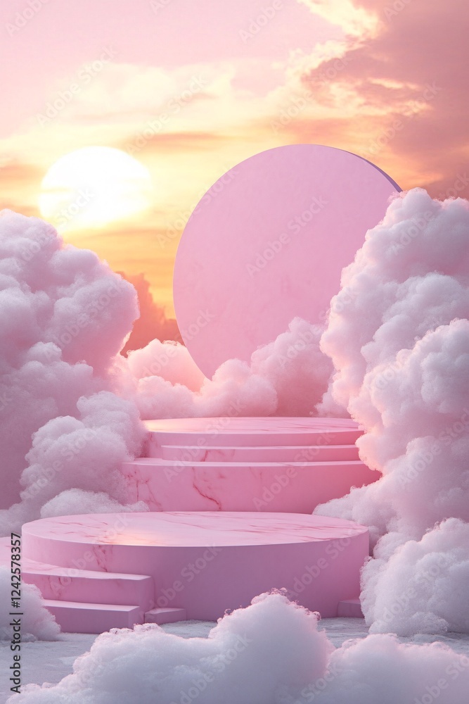 Poster sunset pink marble product display podium with round background and fluffy clouds