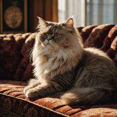 Fototapeta premium Persian Cat Resting on a Velvet Couch. cat on the couch. 