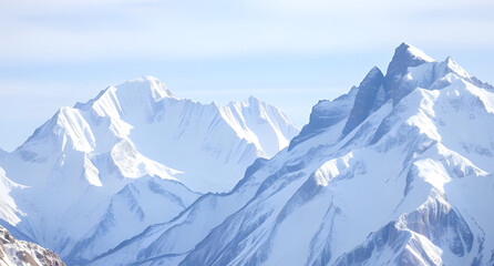 Obraz premium Snowy mountain landscape background. Majestic icy peaks, pale blue sky, white snowcaps. High-altitude serenity