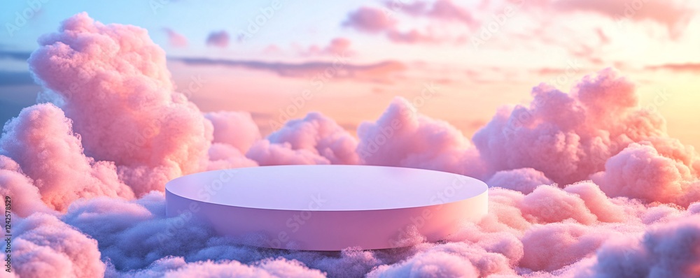 Poster empty podium with product display against sunset clouds, ideal for product showcases