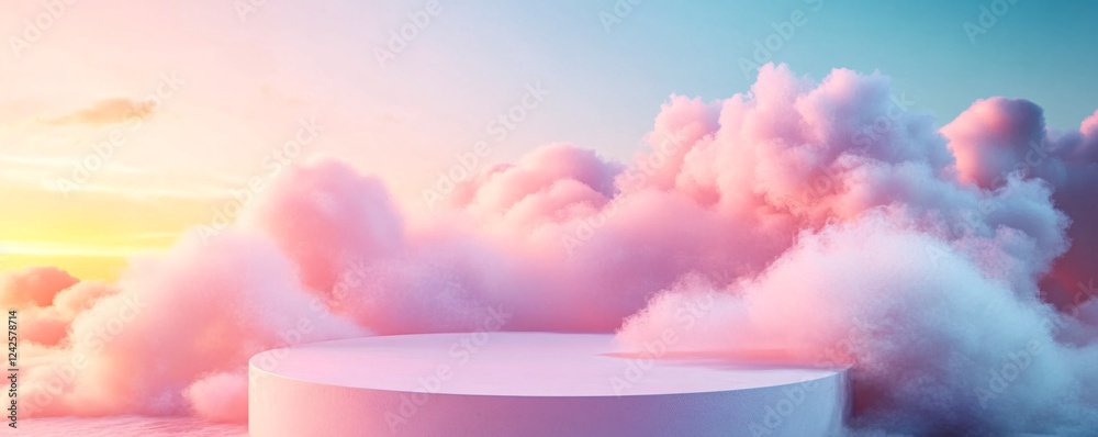 Poster Minimalistic product display with empty white round podium floating in dreamy pink cloudscape at sunset
