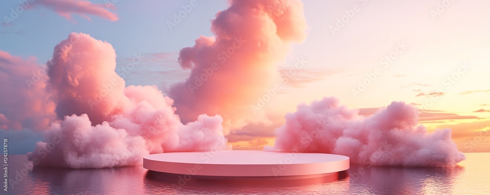 Poster Empty round podium floating on water with pink fluffy clouds at sunset, ideal for displaying your product